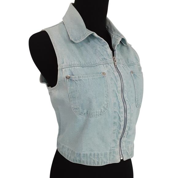 Vintage 90s Gilet Denim Vest Chest Pocket Waistcoat Cropped Zip Front Womens L - Picture 2 of 10